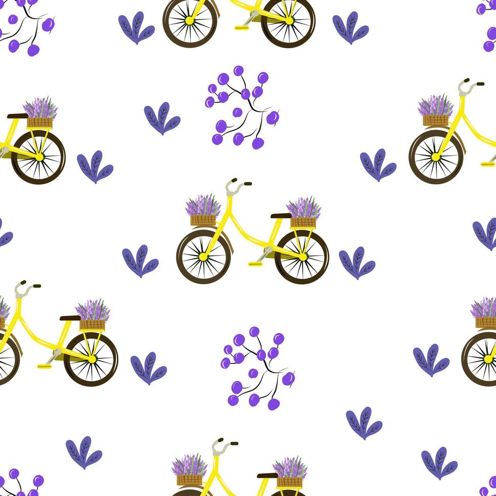 patrón impecable con bicicletas amarillas y bayas de lavanda. vector