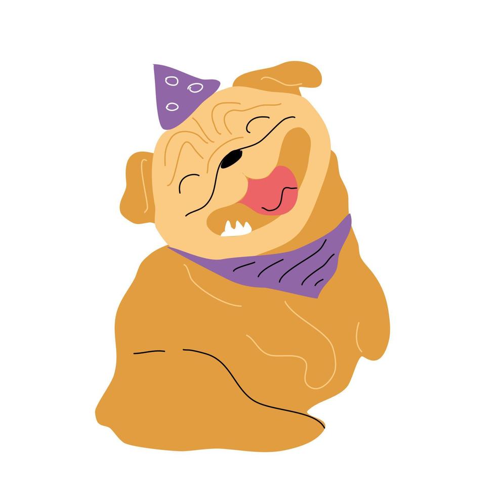 un pug alegre y sonriente con una gorra de cumpleaños. vector