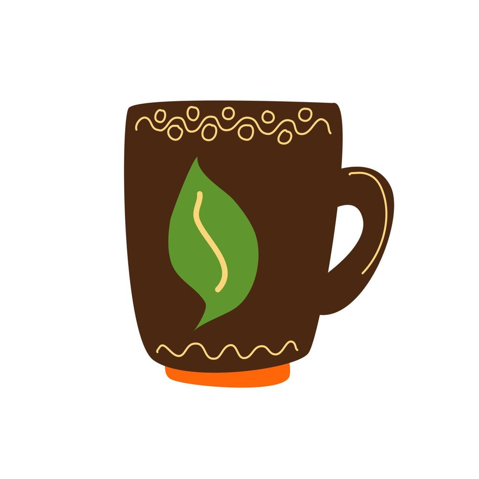 Brown cup with a pattern and a leaf. vector