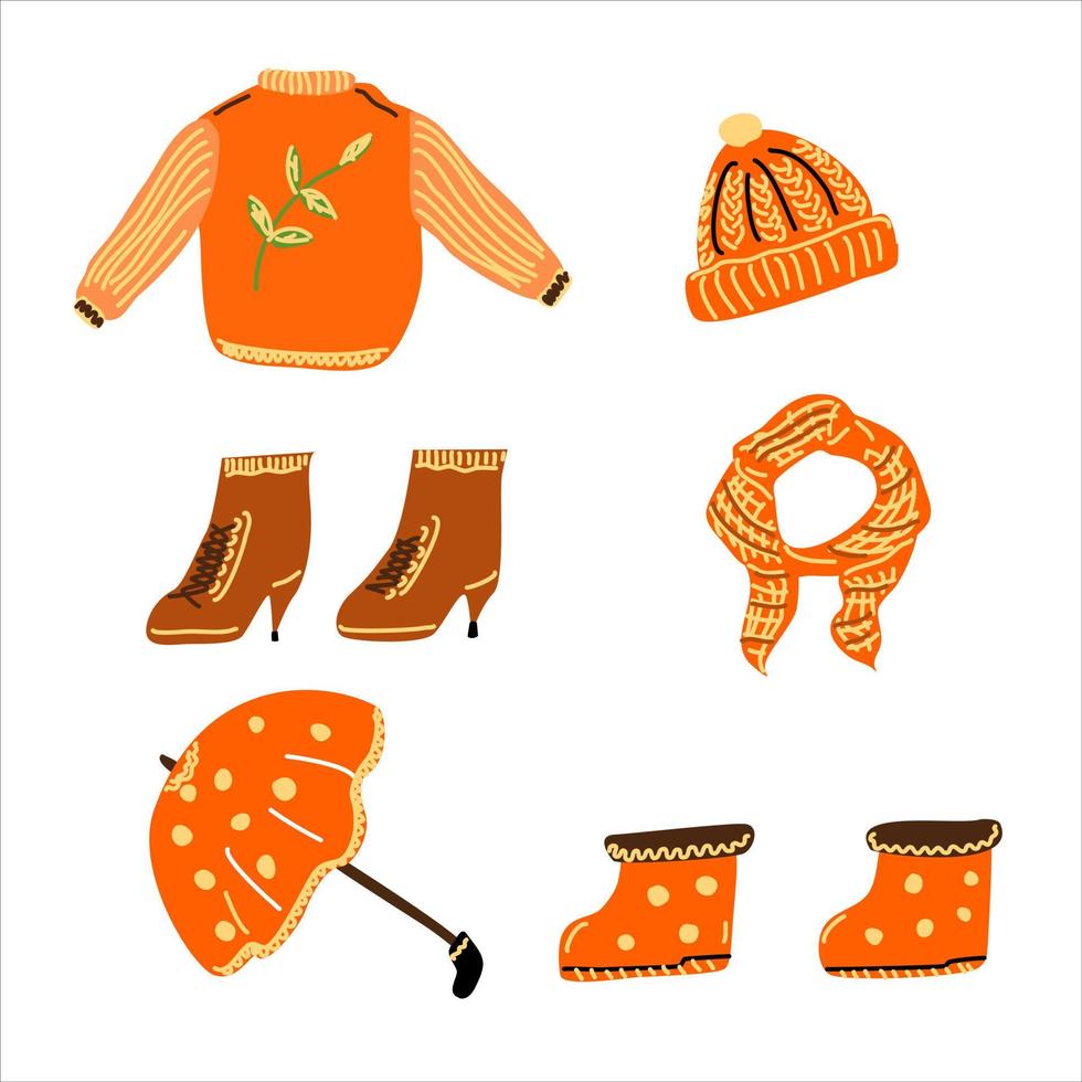 A set of autumn warm clothes and shoes. vector