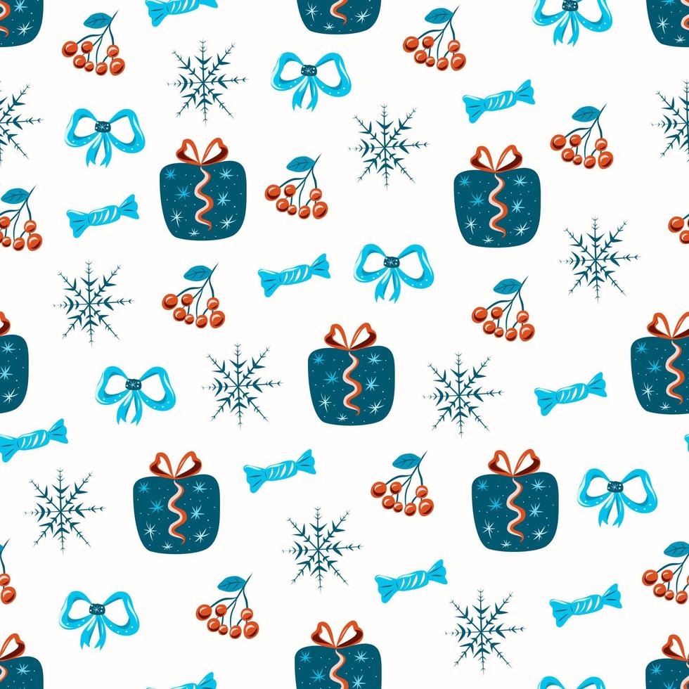 Christmas pattern with gifts and snowflakes. vector