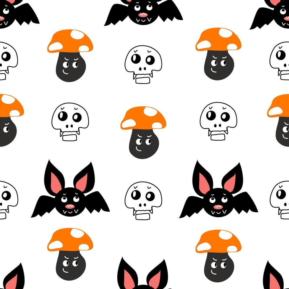 Seamless pattern with bats skulls and evil mushrooms. vector