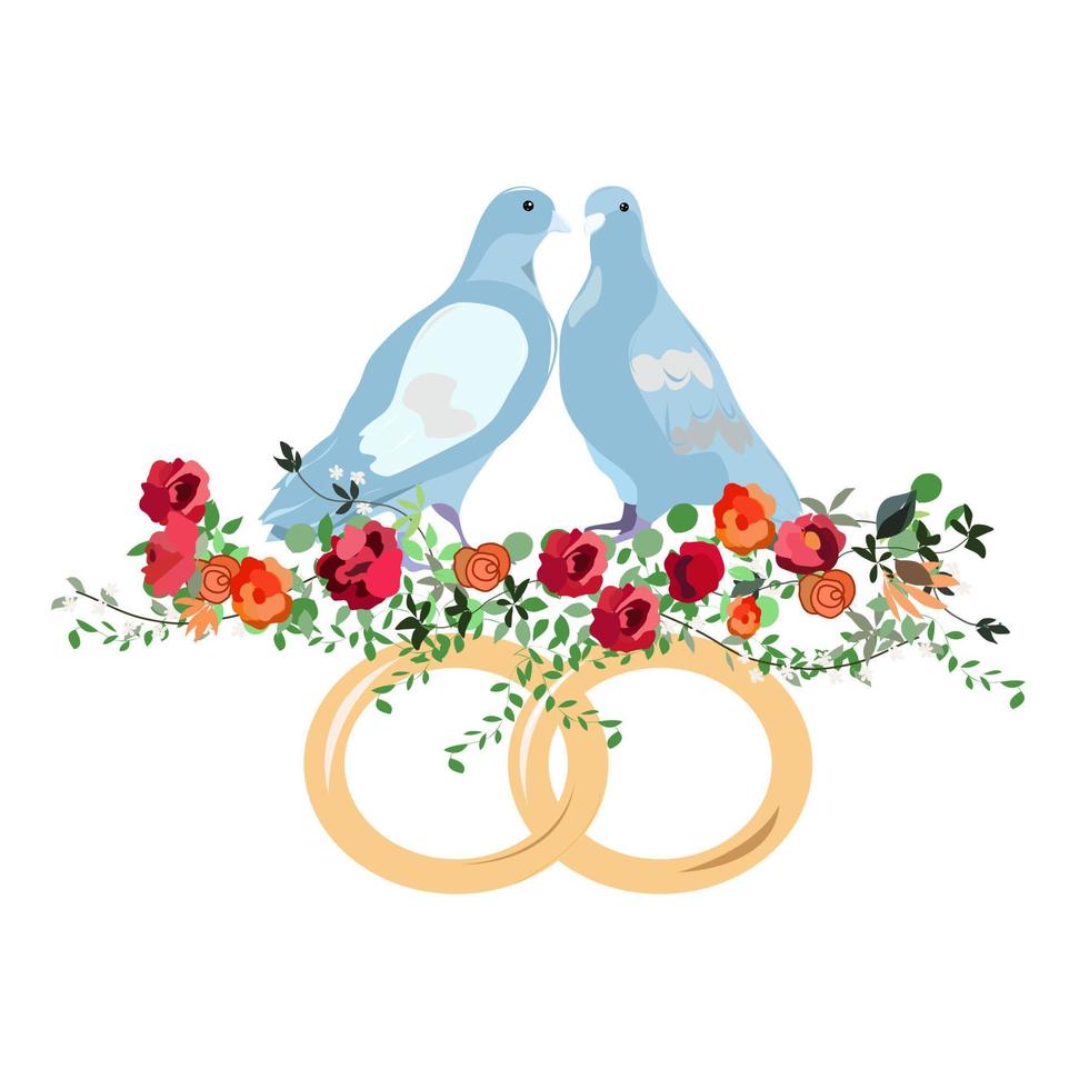 dos palomas en flores con anillos de boda. vector