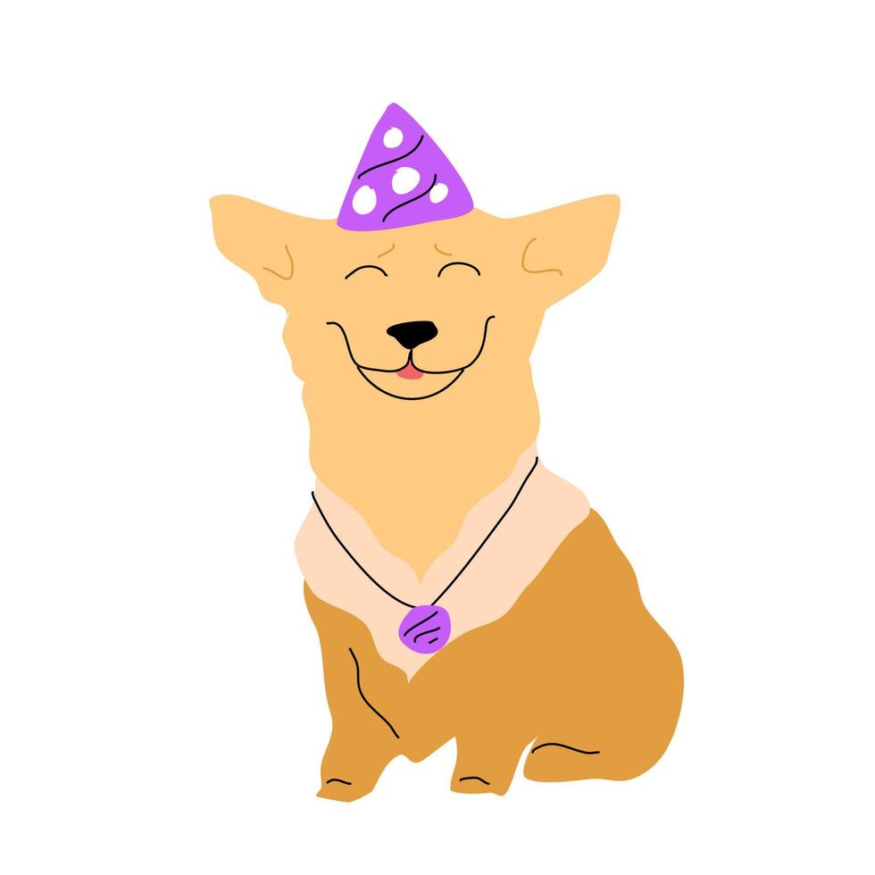 un perro beige sonriente. en una gorra de cumpleaños. vector