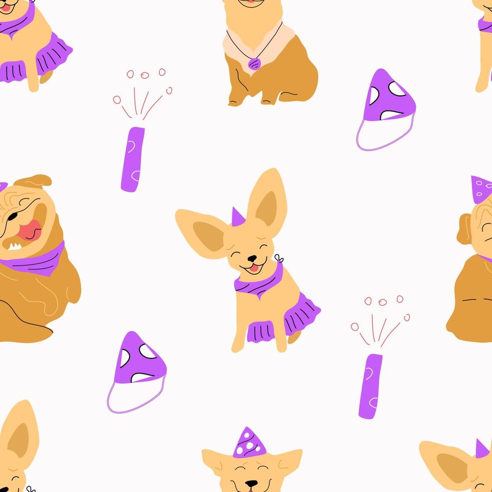 Seamless pattern with dogs in birthday caps. vector