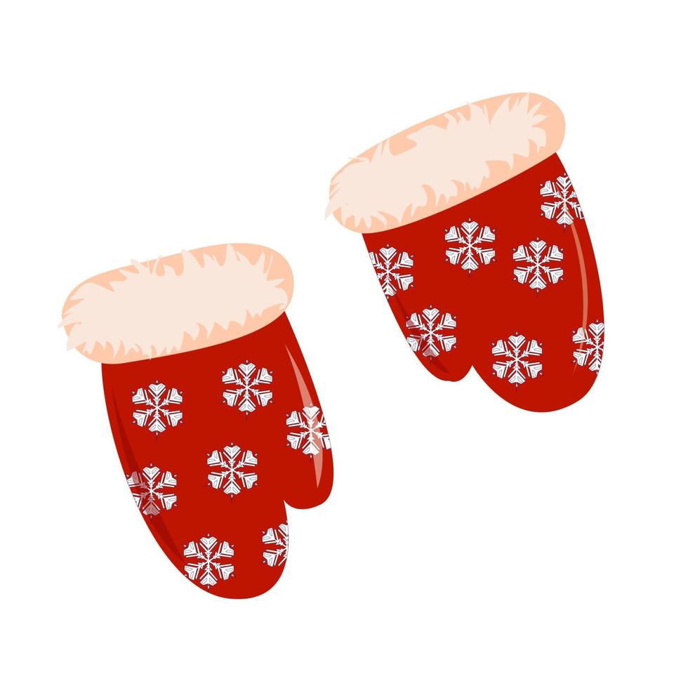 Red winter mittens with fur and snowflakes. vector