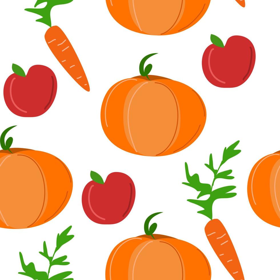 Autumn seamless pattern with pumpkins, apples and carrots. vector
