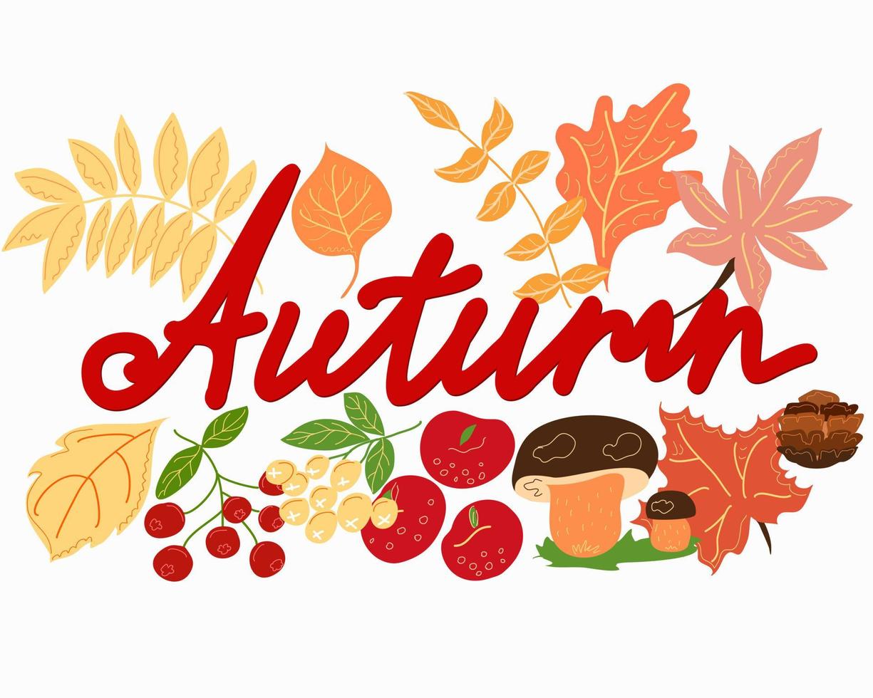 A banner with the inscription autumn and berries with leaves. vector