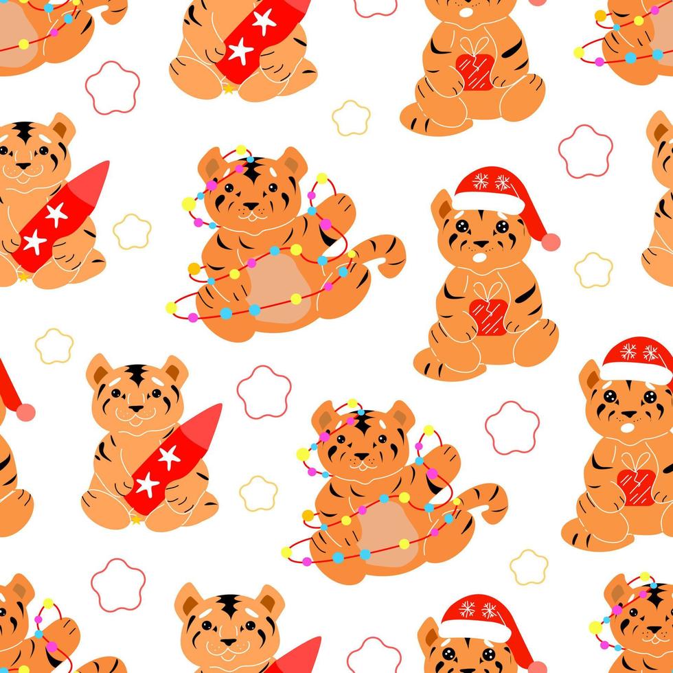 Seamless pattern with New Year's tiger cubs. vector