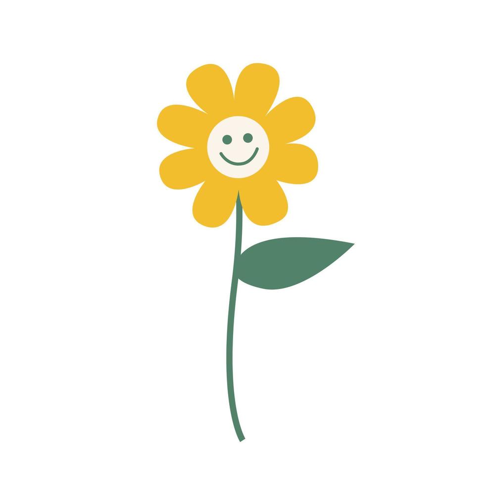 flor amarilla vectorial con sonrisa en una rama verde vector