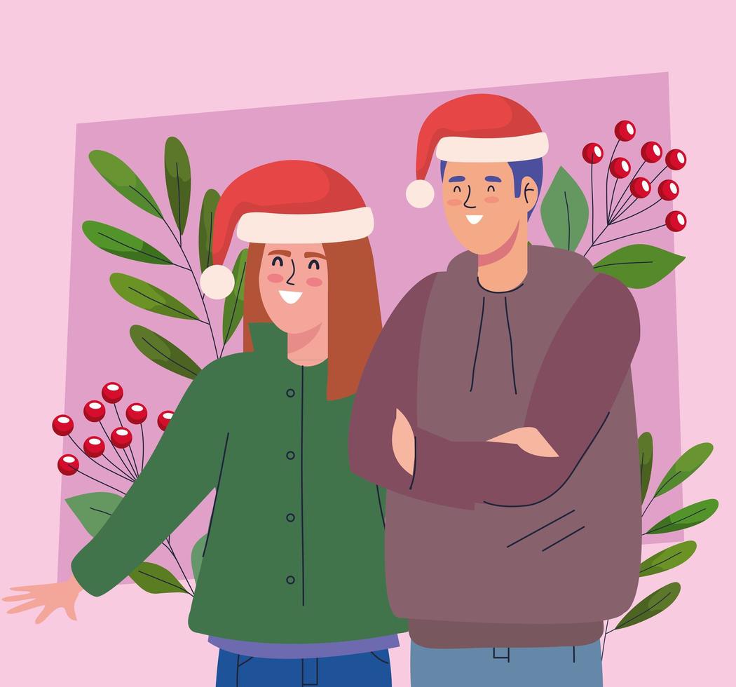 pareja usando accesorio de suéter navideño vector