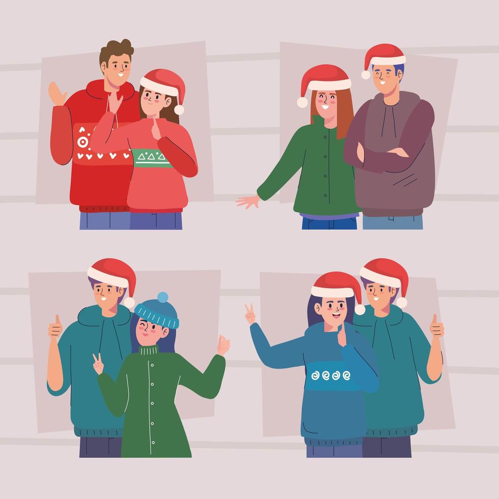 parejas vistiendo suéteres navideños vector