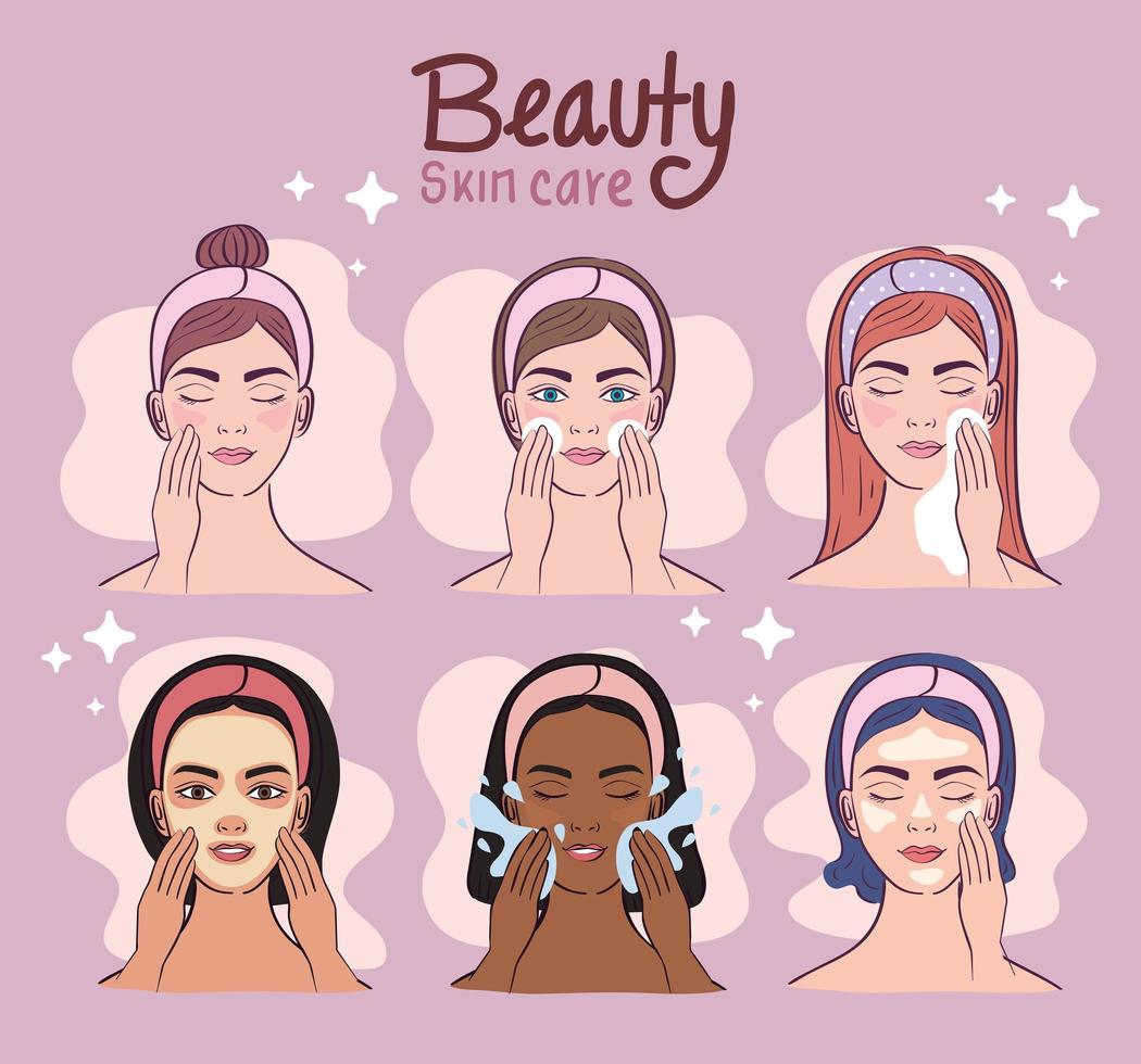 six girls with skincare treatment vector