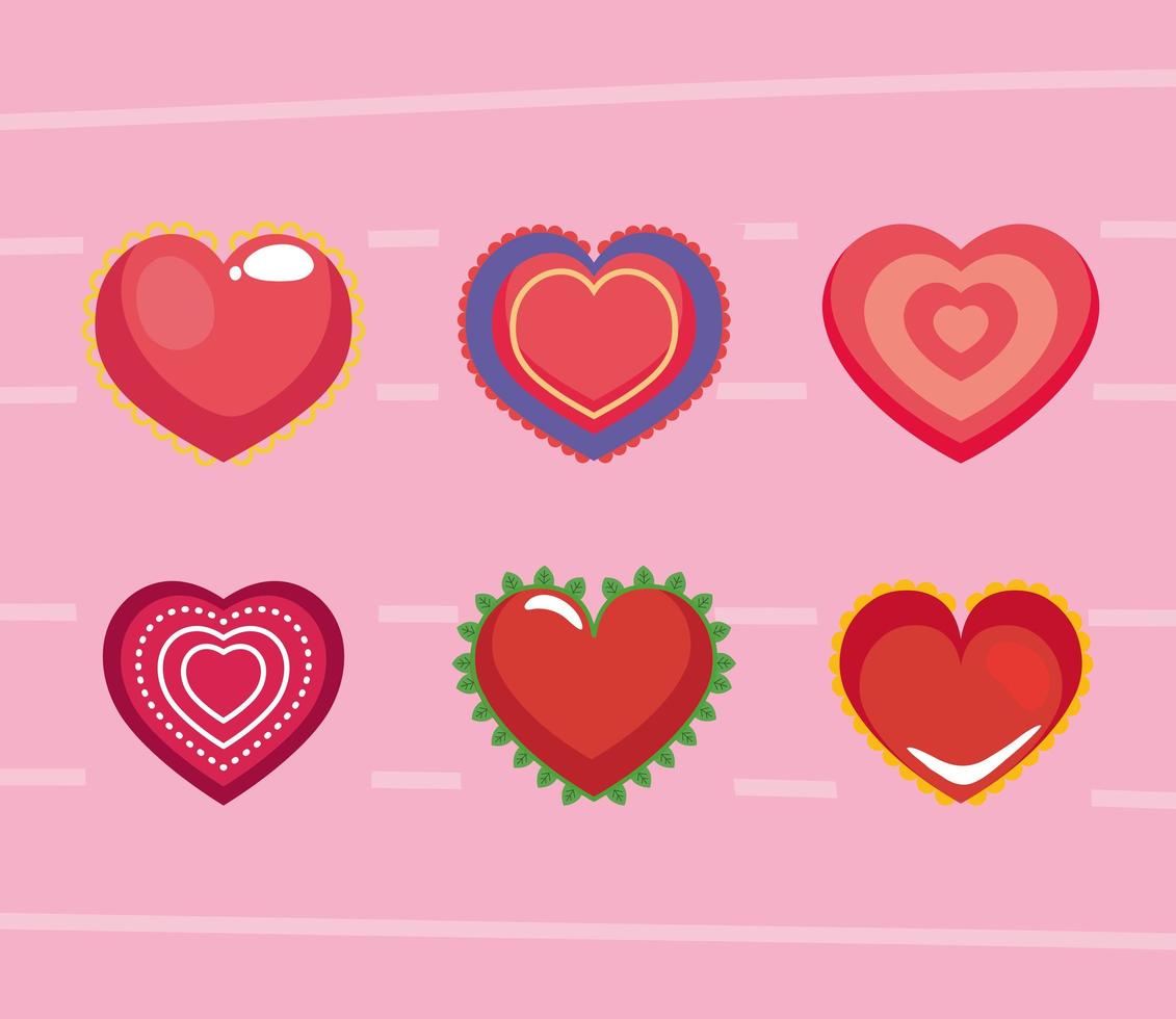 six hearts love icons vector