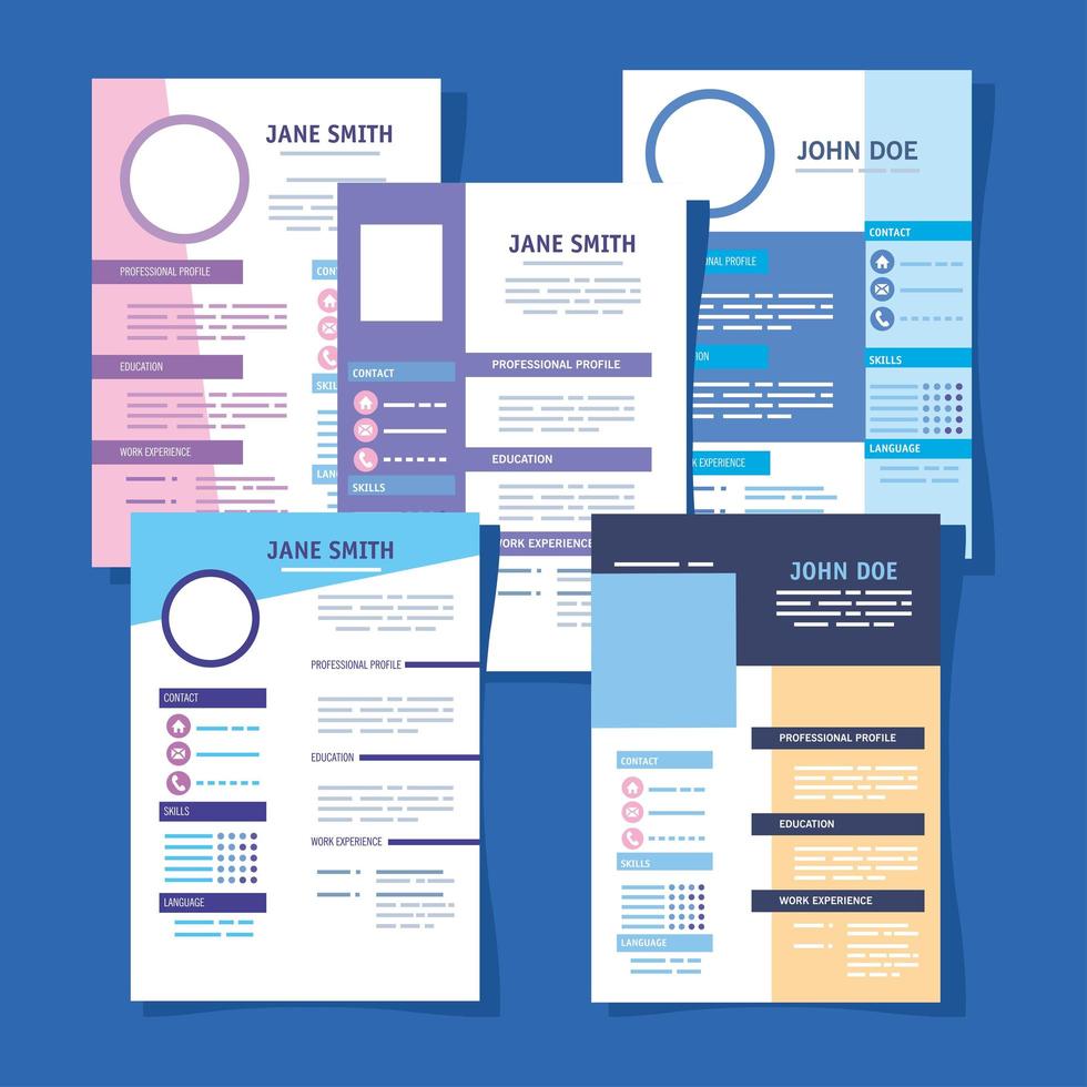 cinco modelos de curriculum vitae vector