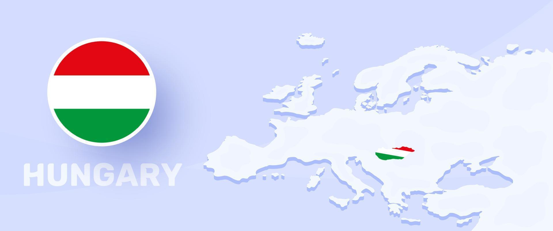 bandera de la bandera del mapa de hungría. ilustración vectorial con un mapa de europa y país resaltado con bandera nacional vector