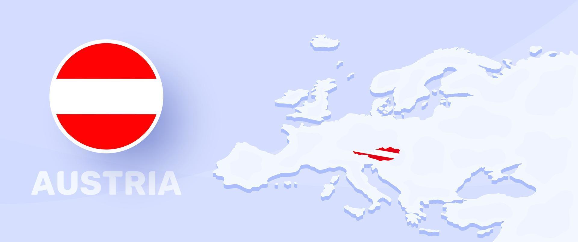 bandera de la bandera del mapa de austria. ilustración vectorial con un mapa de europa y país destacado austria con bandera nacional vector