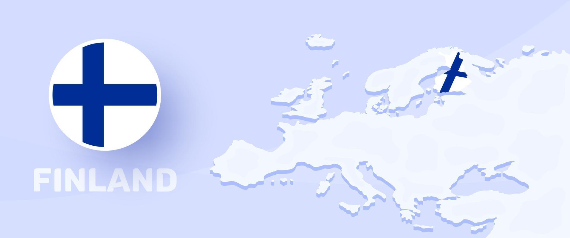 finland map flag banner. Vector illustration with a map of Europe and highlighted country with national flag
