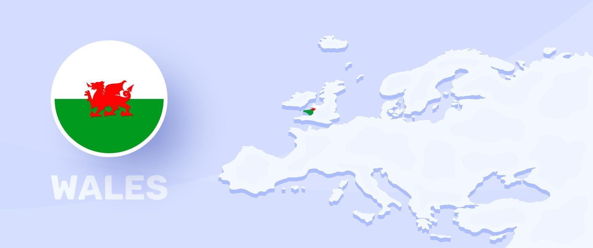 wales map flag banner. Vector illustration with a map of Europe and highlighted country with national flag