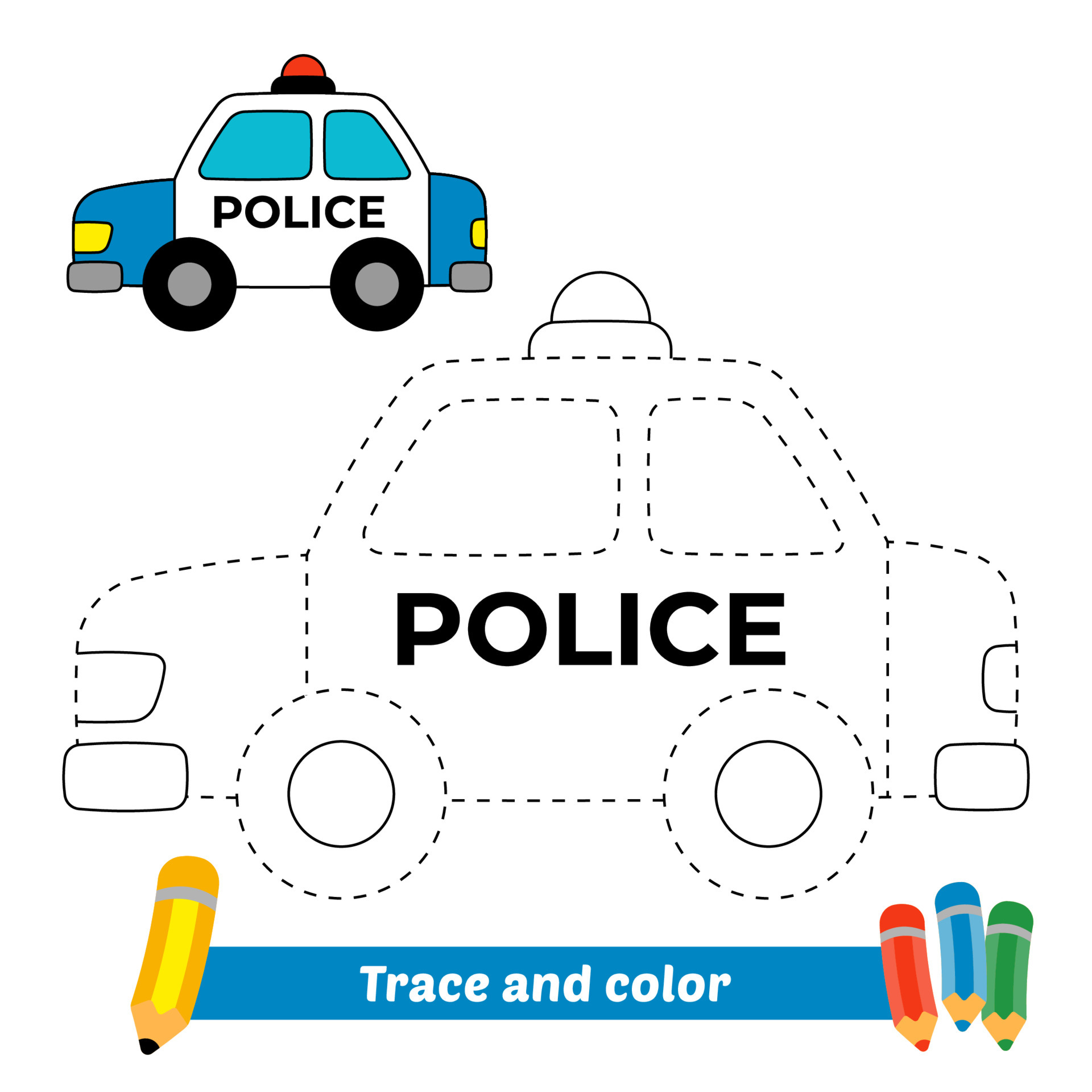 Trace and color for kids, police car vector 5175986 Vector Art at Vecteezy