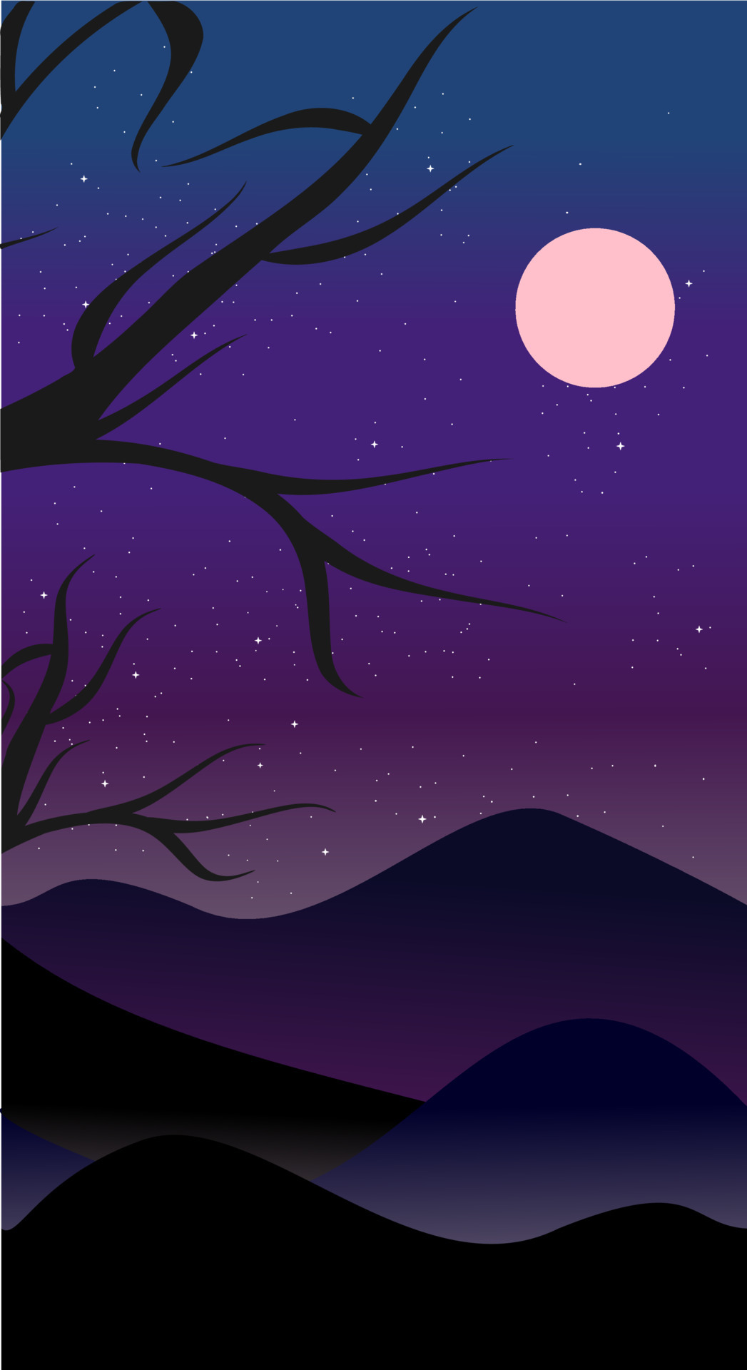 Mountain landscape illustration in flat style with design hill and smoke in  night view. Aesthetic nature background. Banner template for mobile phone  screen saver theme, lock screen and wallpaper. 5176224 Vector Art