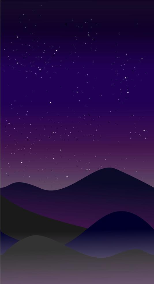 Mountain landscape illustration in flat style with design hill and smoke in night view. Aesthetic nature background. Banner template for mobile phone screen saver theme, lock screen and wallpaper. vector