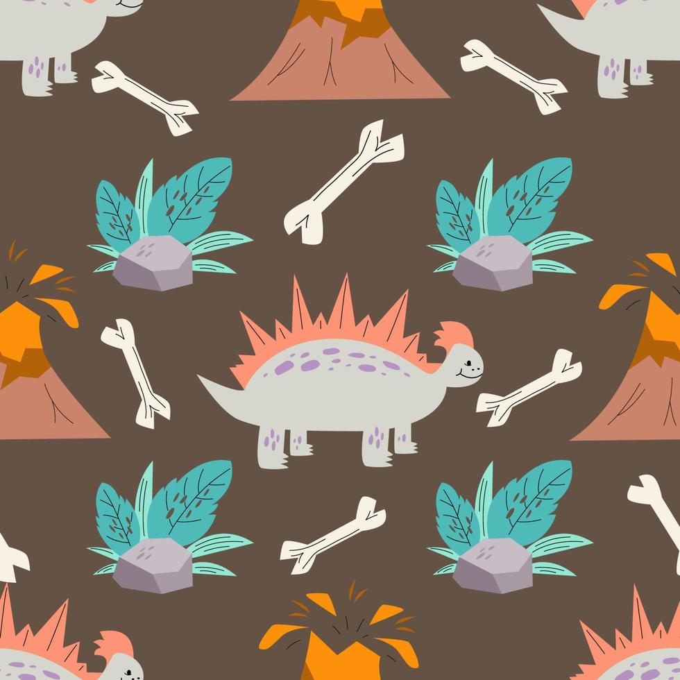 dinosaurio, huevo, volcán, hojas tropicales y huesos para textiles para bebés. lindo patrón sin costuras con lava y piedra y lindo dinosaurio en estilo plano. ilustración vectorial vector