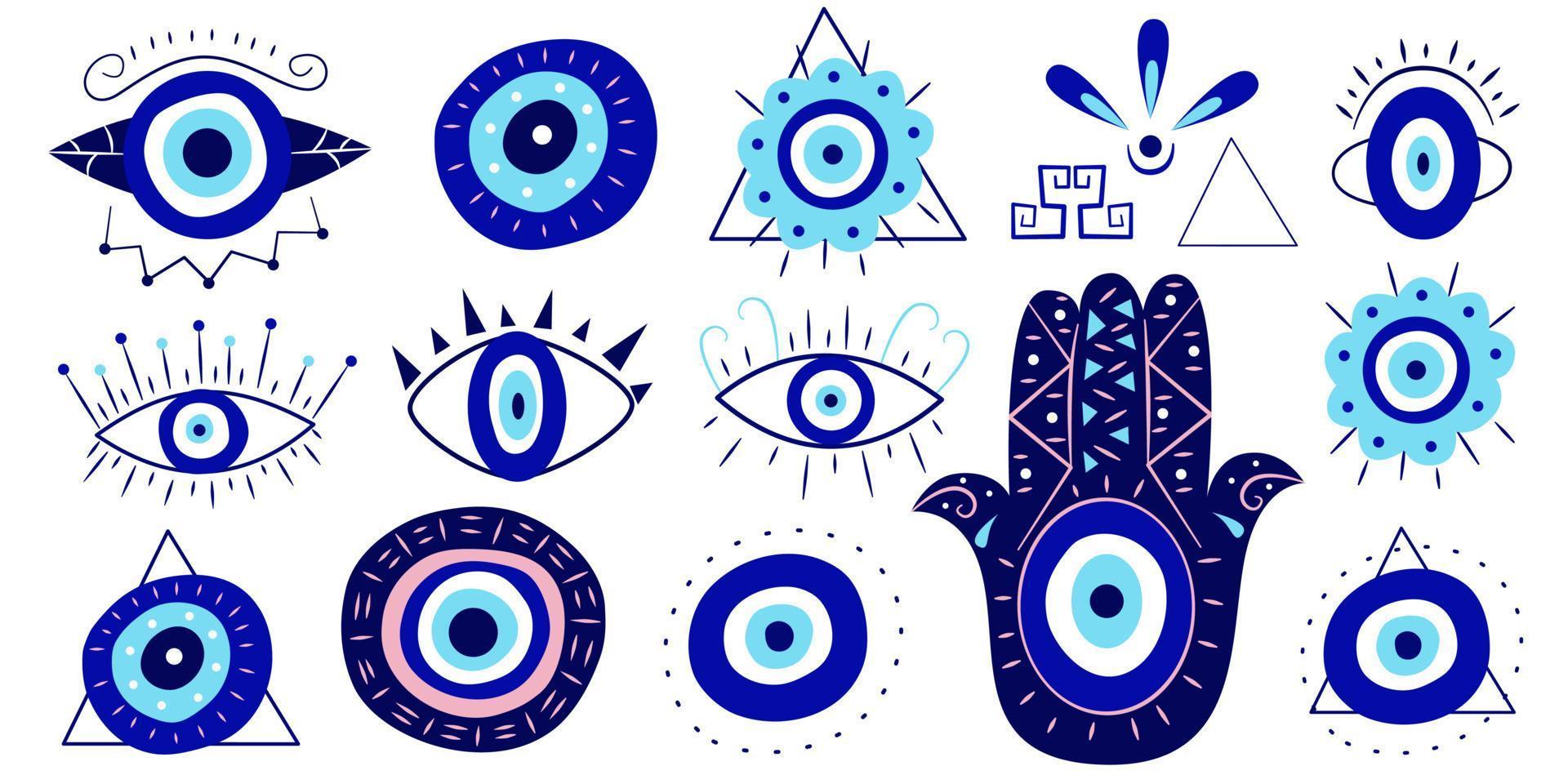 amuleto de mal de ojo griego y mano de hamsa en un conjunto. ojo turco con pestañas, en una pirámide, en un triángulo para amuleto y protección. ilustración vectorial en estilo plano. vector