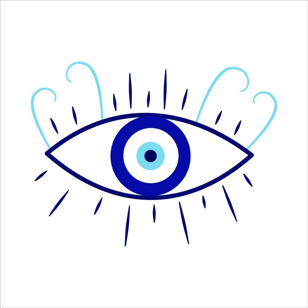 Evil eye greek amulet isolated.Turkish eye with eyelashes and an eyeball in blue for amulet and protection. Vector illustration in a flat style