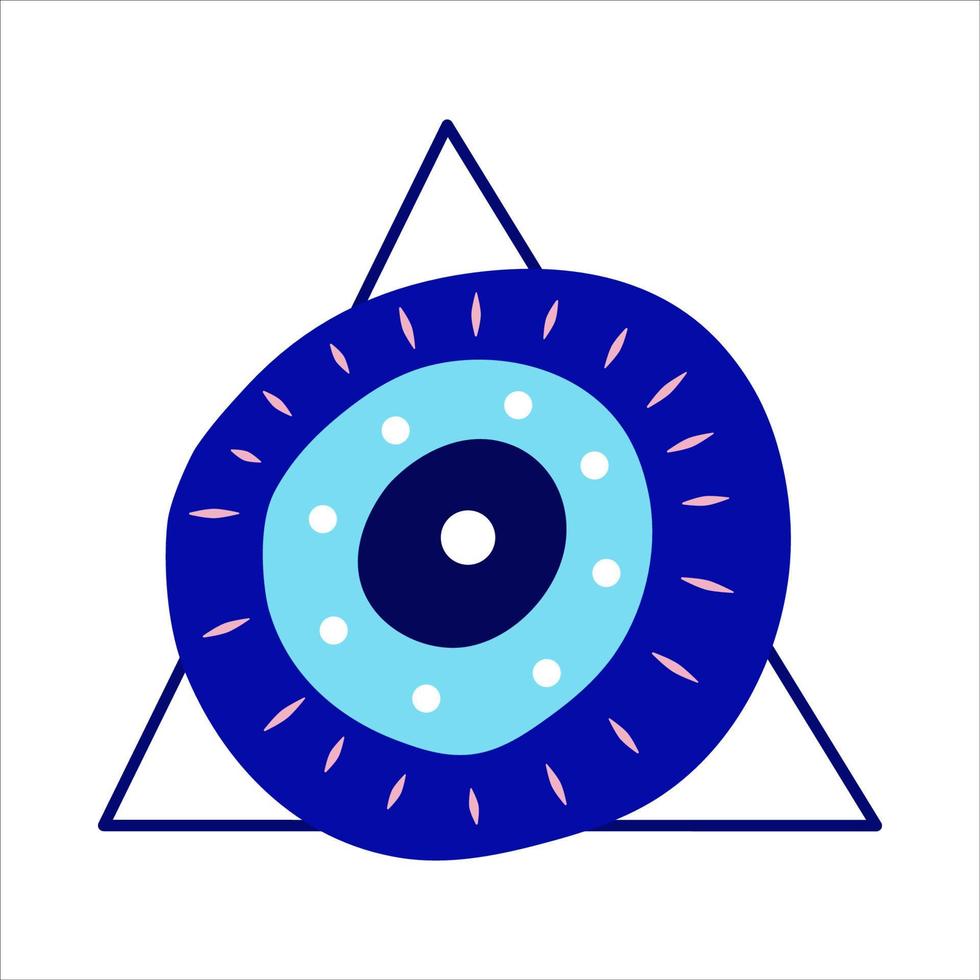 Isolated Greek amulet of the evil eye in the pyramid.Turkish amulet with blue eyelashes and protection in a triangle. Vector illustration flat style