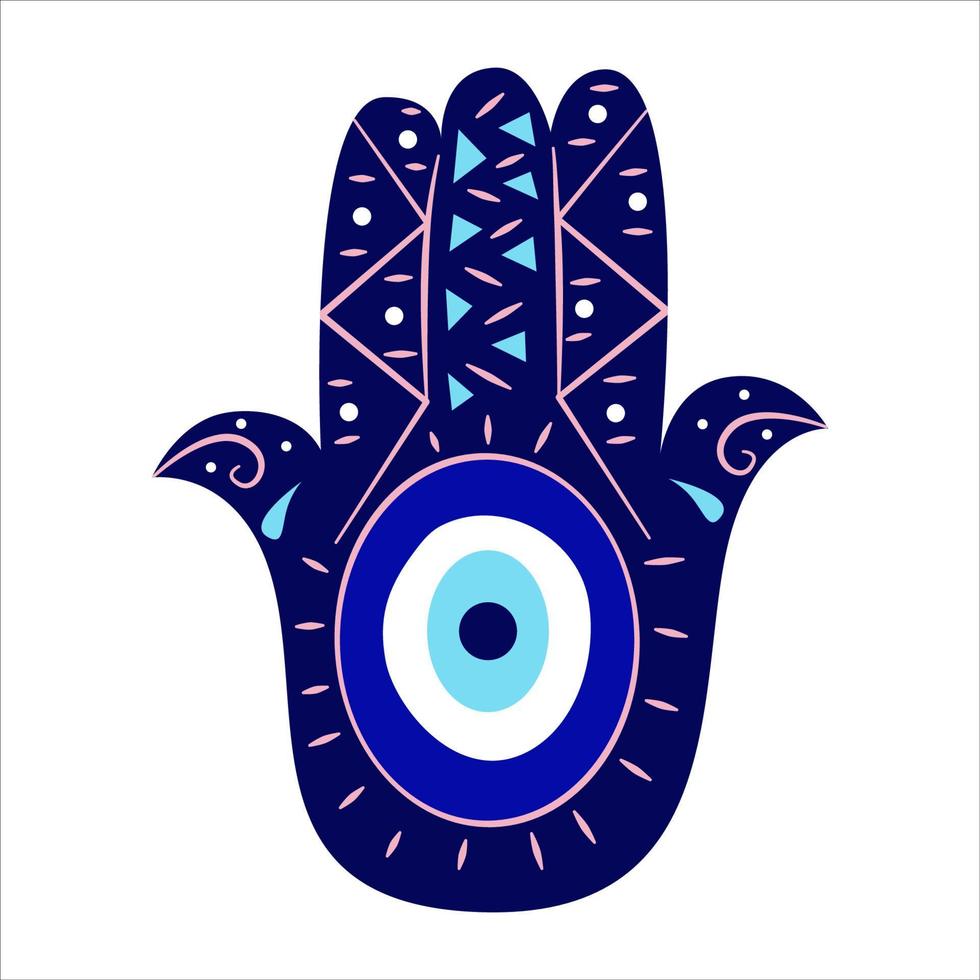 Isolated hamsa hand with evil greek eye.Turkish amulet with blue symbols and triangles. Vector flat style illustration