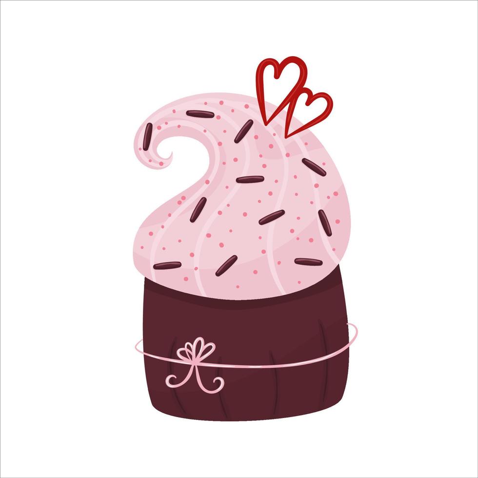 Valentine cake.Muffins with chocolate and heart. A bakery with a heart and a bow for Valentine's Day. Vector illustration in flat hand drawn style