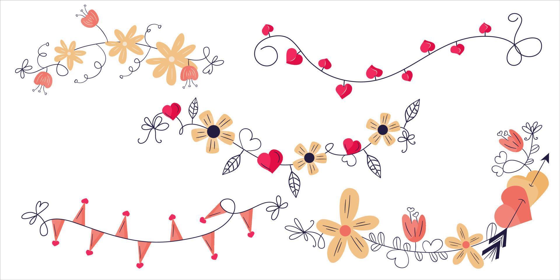 Set of garlands with hearts and flowers for Valentines Day isolated on white background.Hanging leaves and flowers for the holiday and decor. Vector illustration in flat hand style