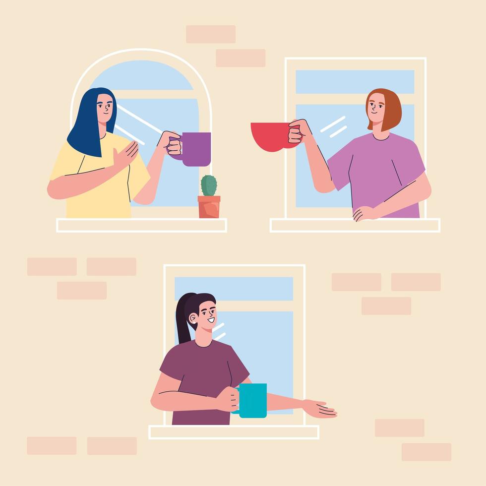women sharing things through window vector