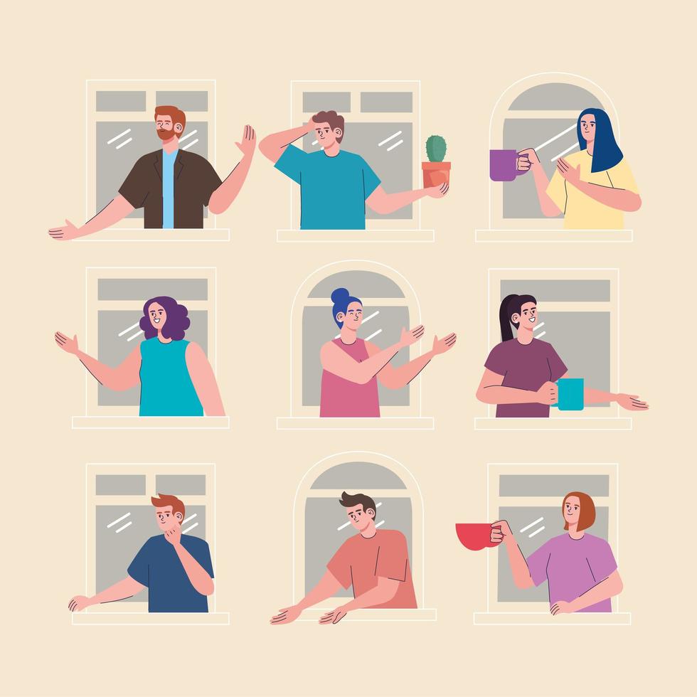 people group sharing things through window vector