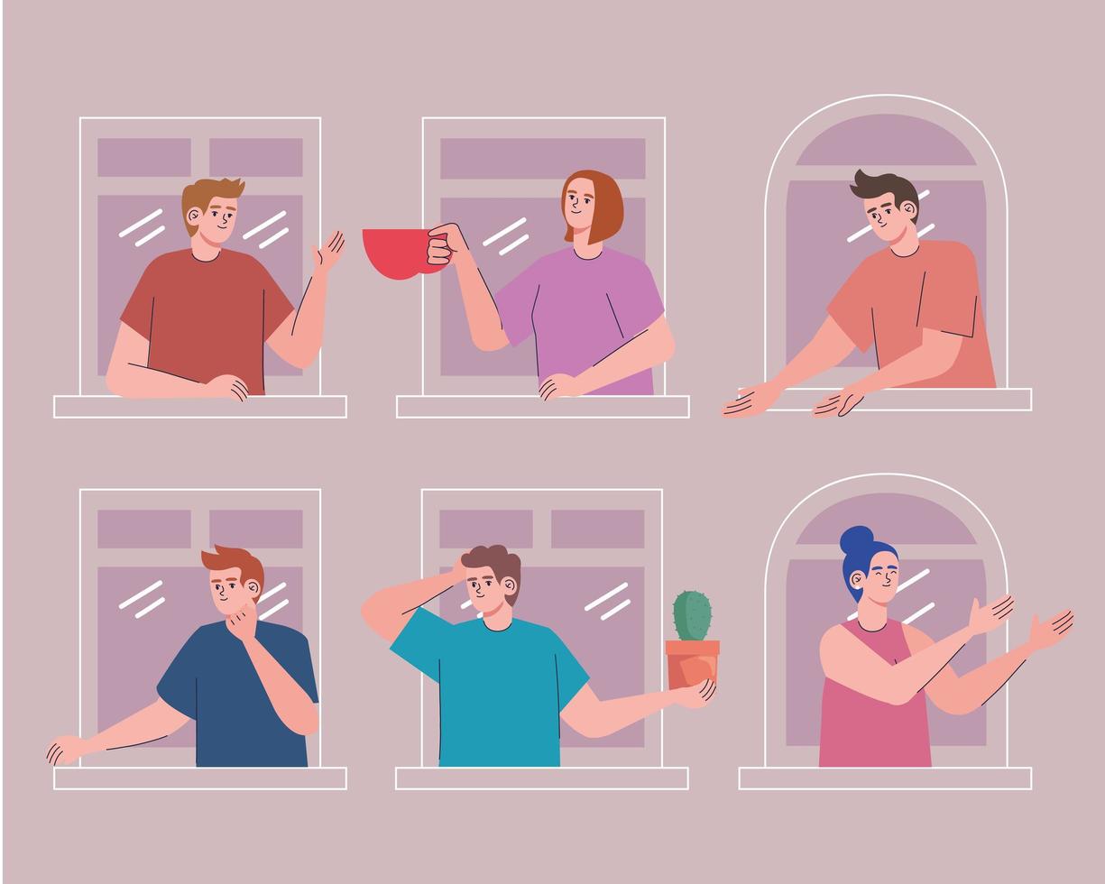 young people sharing things through window vector