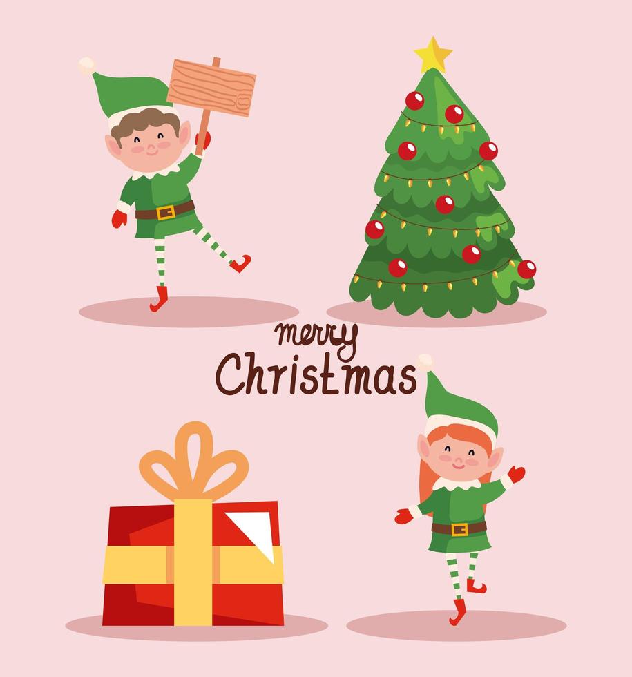 group elf with christmas decoration vector