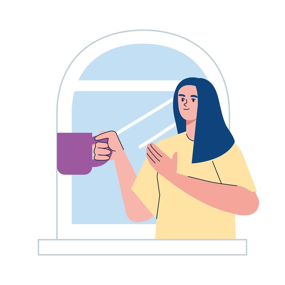 young woman in window looking vector