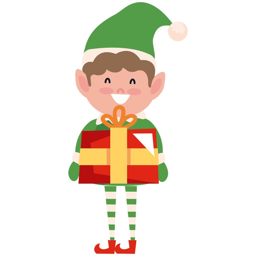 Duende De Navidad Alegre Con Regalo. Dar Regalos, Regalos, Caja. Concepto  De Navidad. La Ilustración Vectorial Realista Se Puede Utilizar Para Temas  Como Descuento De Año Nuevo, Envoltura De Regalos, Venta Ilustraciones