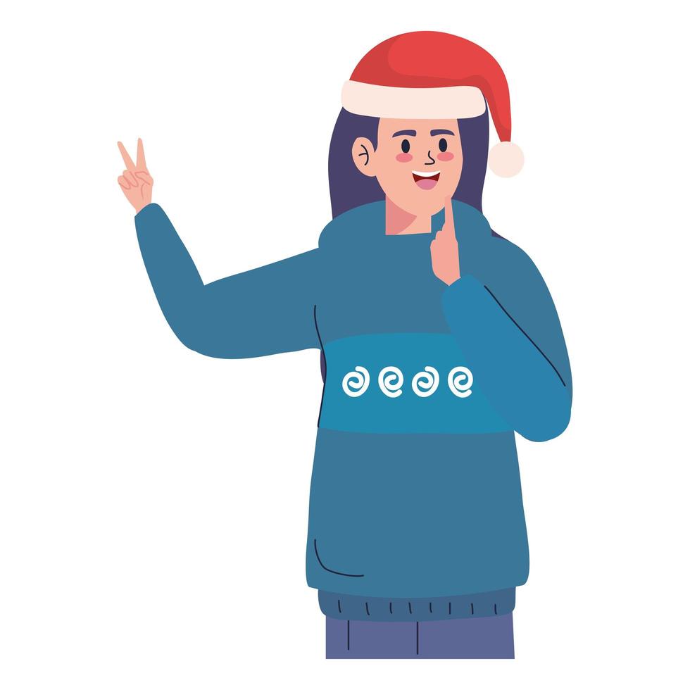 mujer usando suéter y sombrero de navidad vector