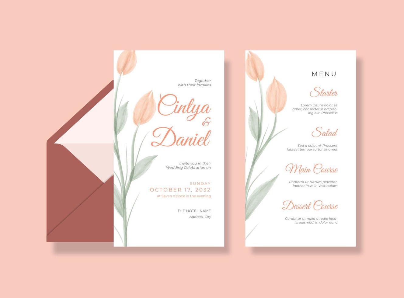 hermosa invitación de boda y plantilla de tarjeta de menú vector