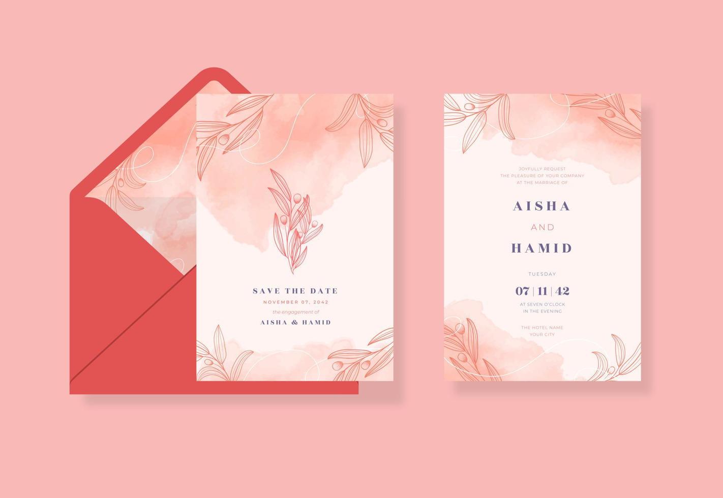 hermosa plantilla de invitación de boda de acuarela vector