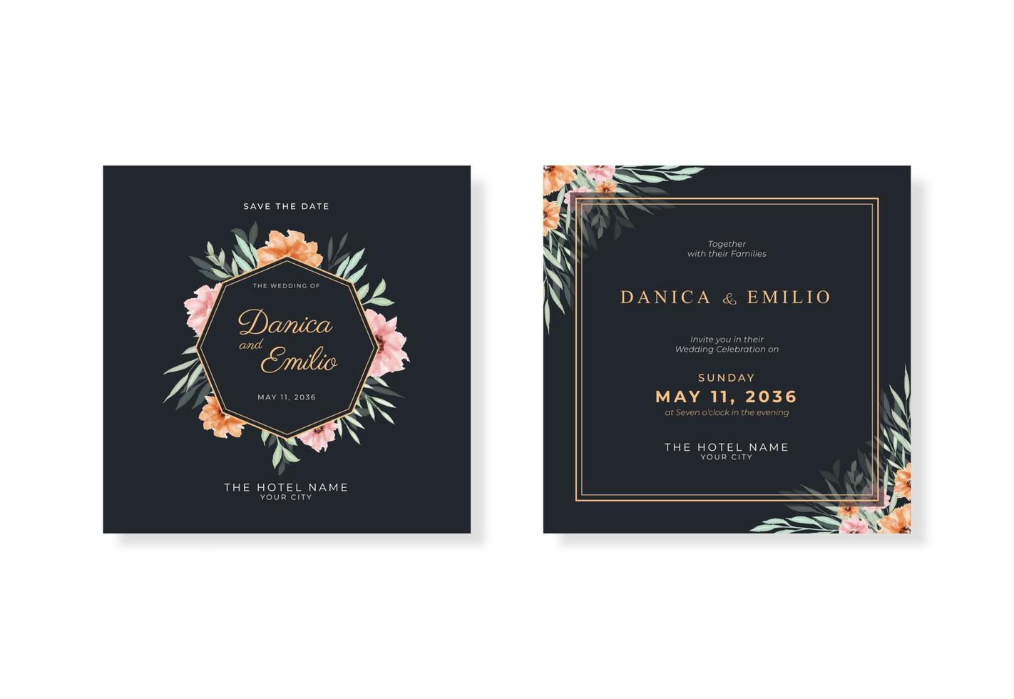 plantilla de tarjeta de boda cuadrada negra y dorada de lujo con acuarela floral vector