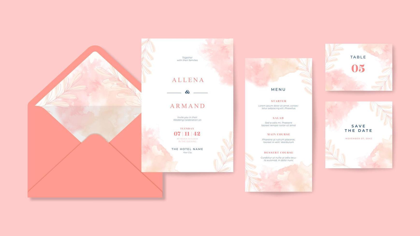 Romantic orange and pink watercolor wedding invitation template vector