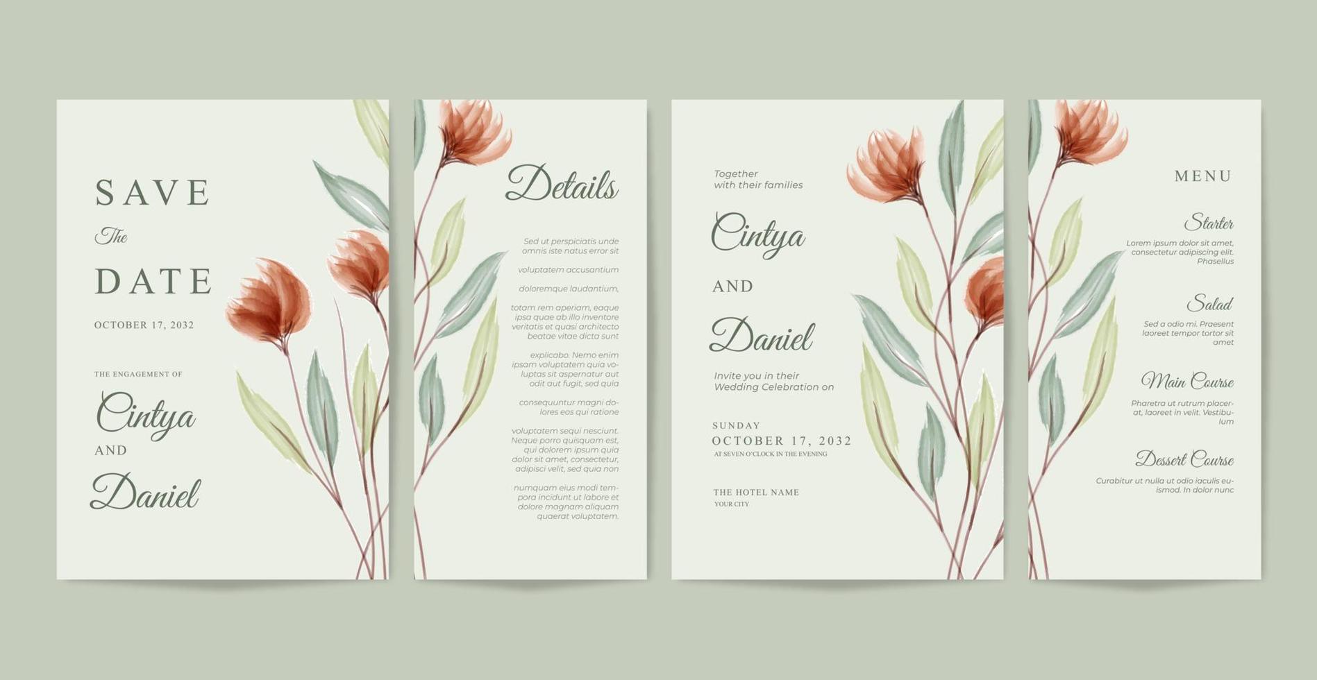 Beautiful wedding card collection template with floral watercolor vector