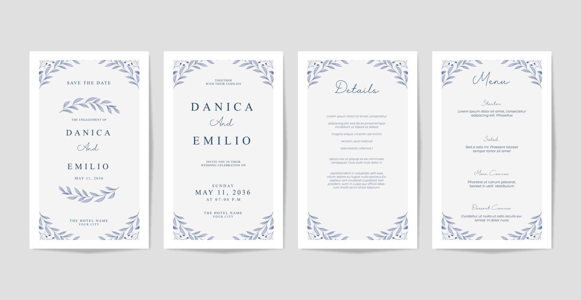 Wedding card collection template with leaves watercolor vector