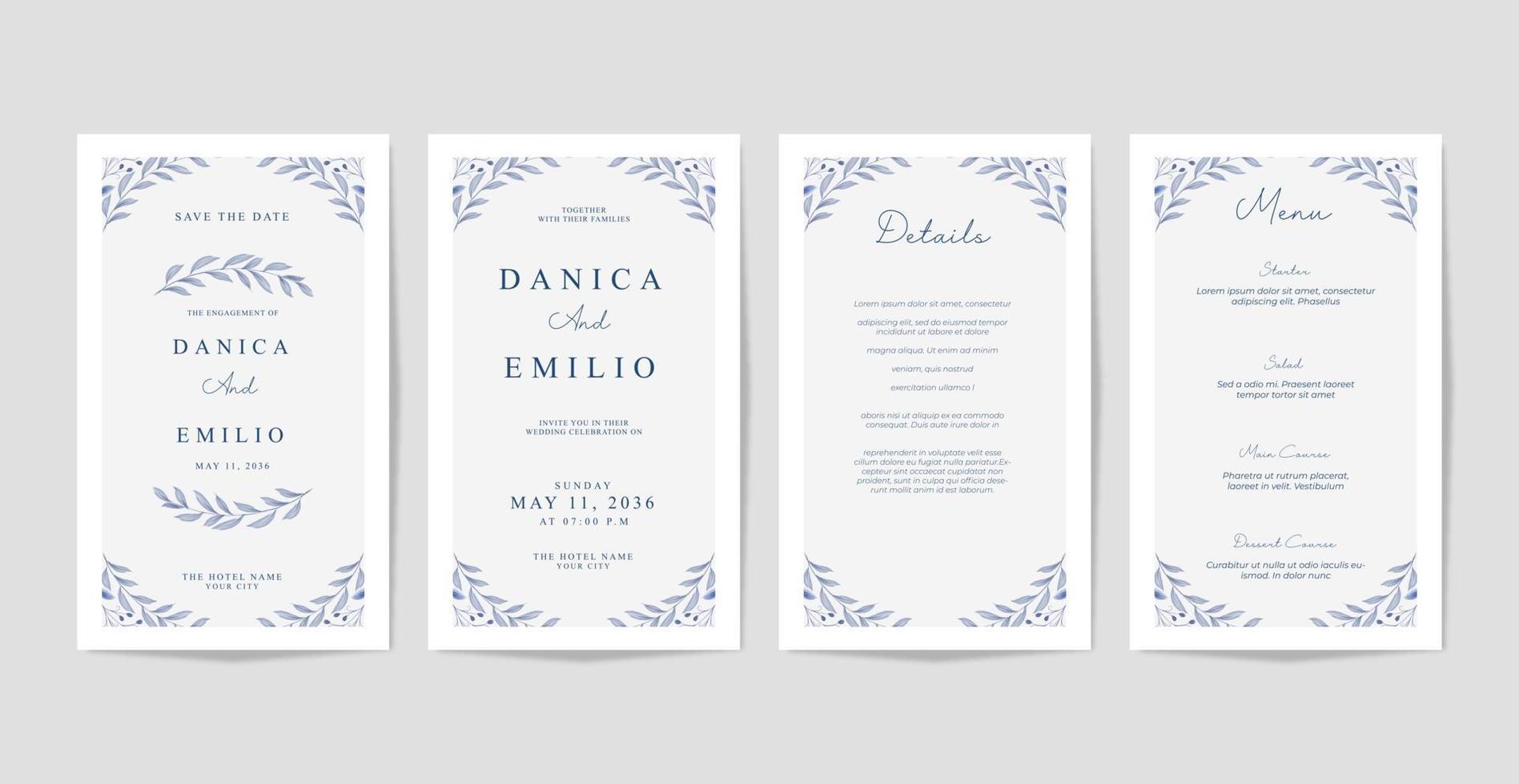 Wedding card collection template with leaves watercolor vector