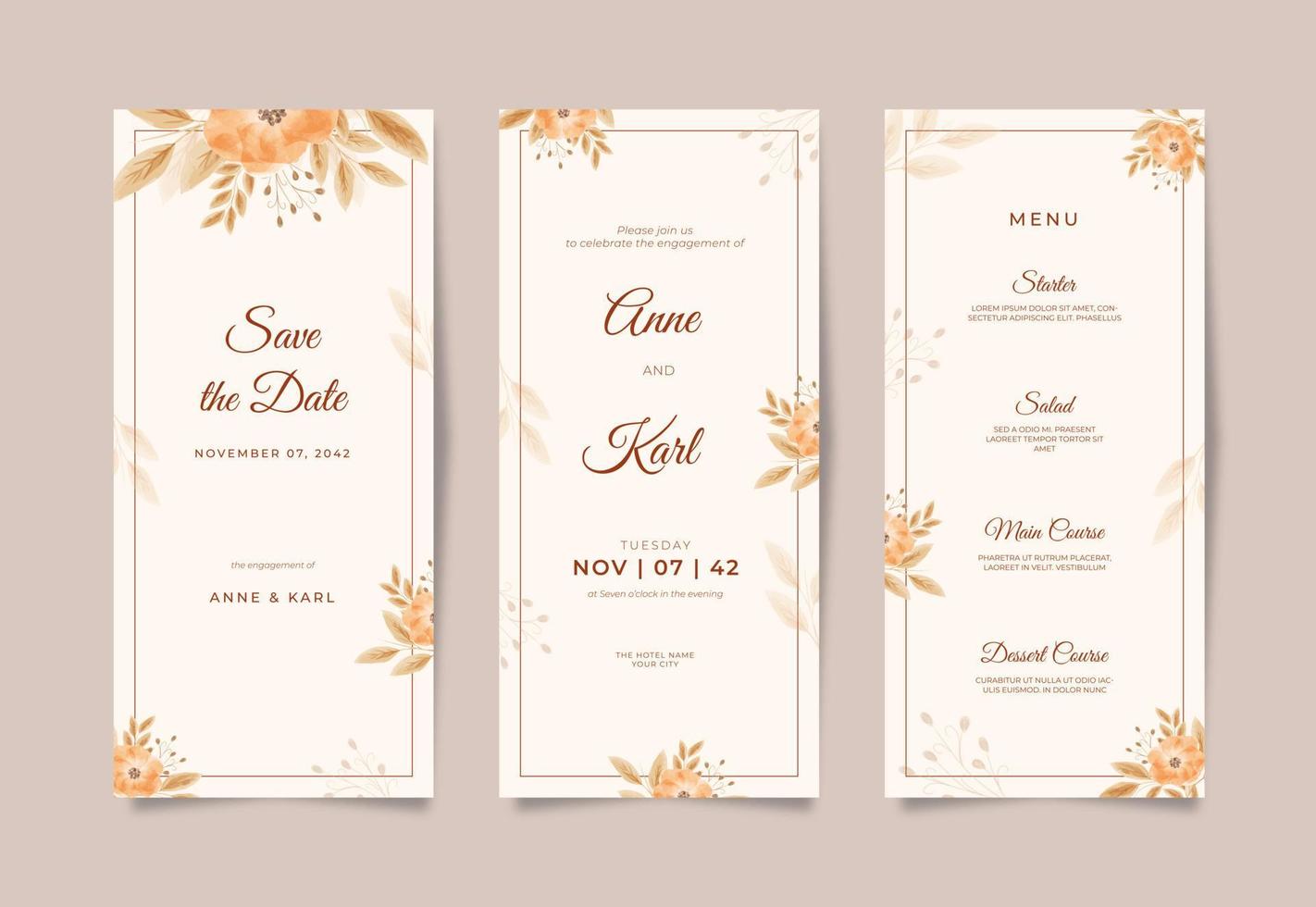 Elegant wedding card template with boho floral watercolor vector