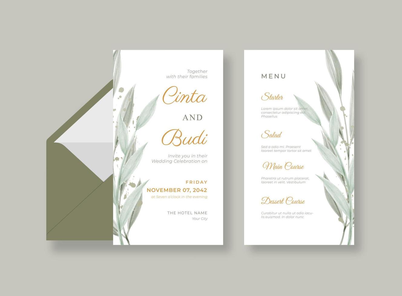 Invitación de boda lujosa y hermosa con hojas de acuarela. vector