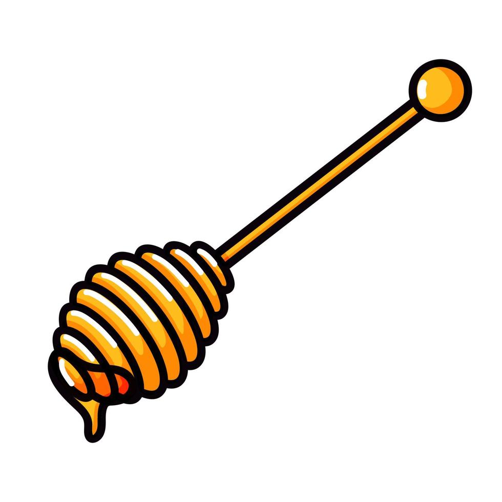 Wooden honey dipper, doodle style vector illustration of honey spoon isolated on white background. Transparent liquid golden colored honey dripping icon